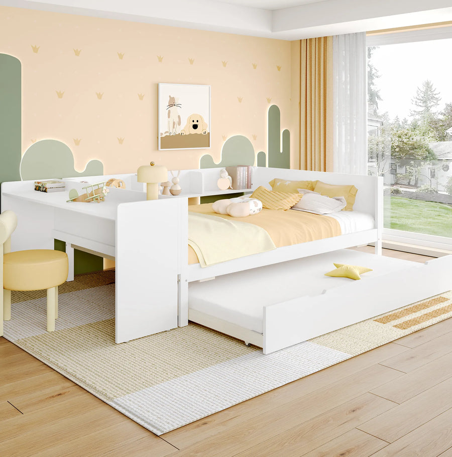 Lit 140 × 200 cm en pin blanc avec lit gigogne sorti et bureau