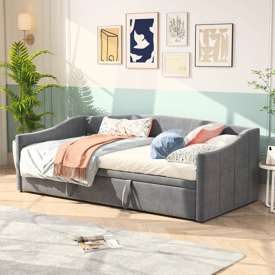 Lit banquette en velours gris 90 × 200 cm avec dossier capitonné