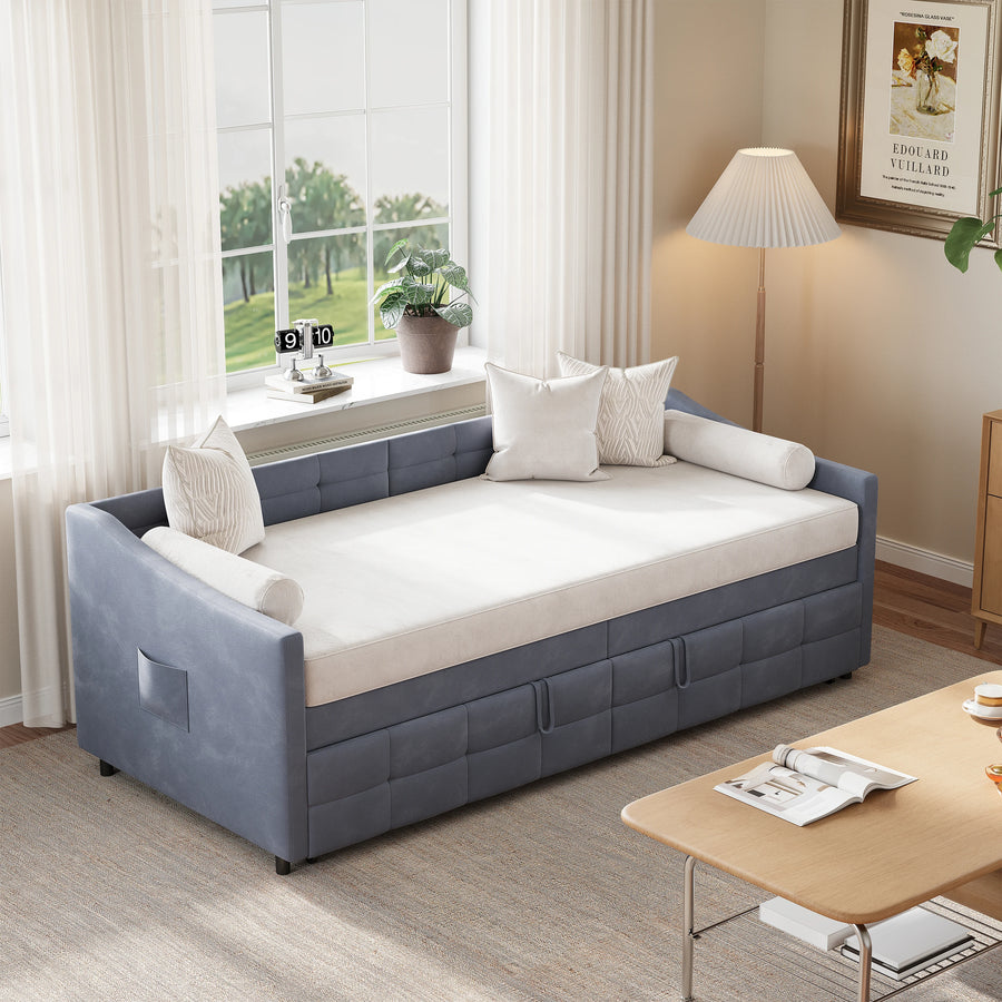 Lit banquette en velours gris 90 × 200 cm avec dossier matelassé