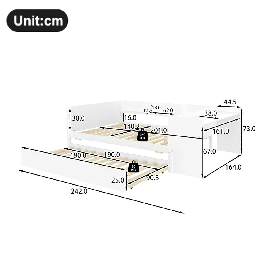Dimensions du lit 140 × 200 avec lit gigogne et bureau : 242 × 164 × 73 cm
