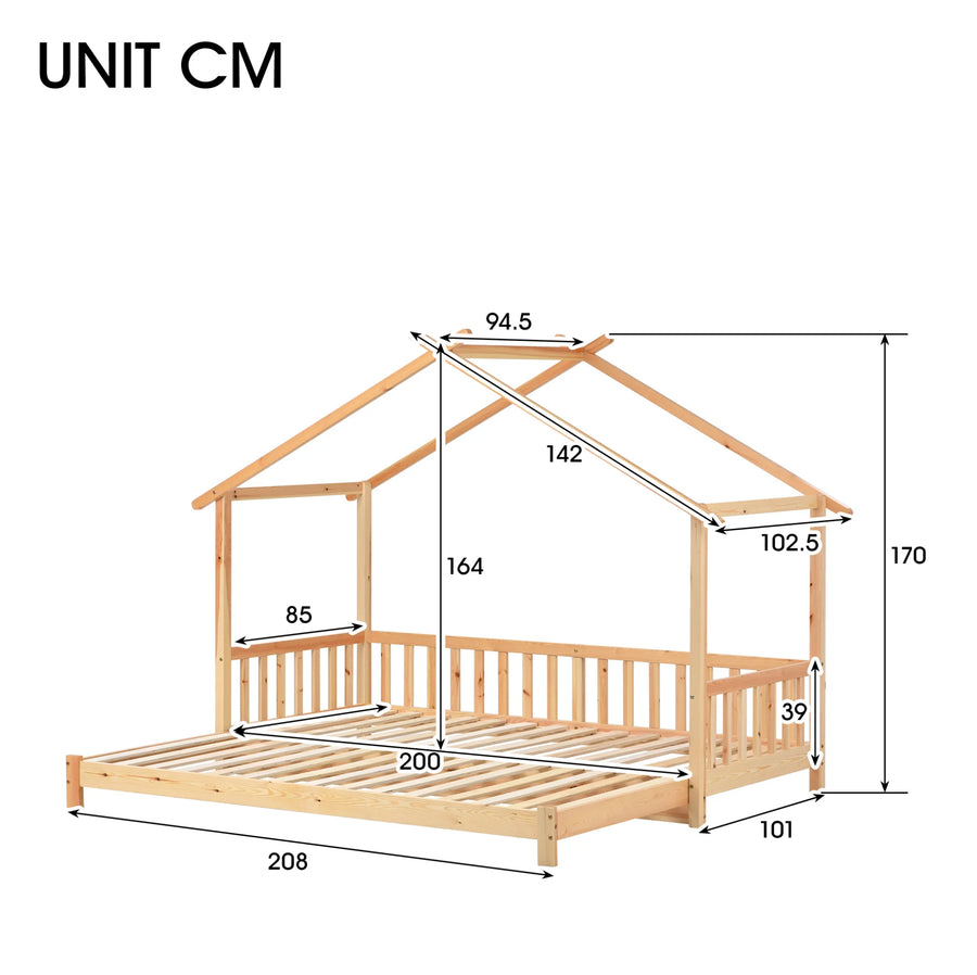 Dimensions du lit cabane extensible : 208 cm de long, couchage 90 à 180 × 200 cm