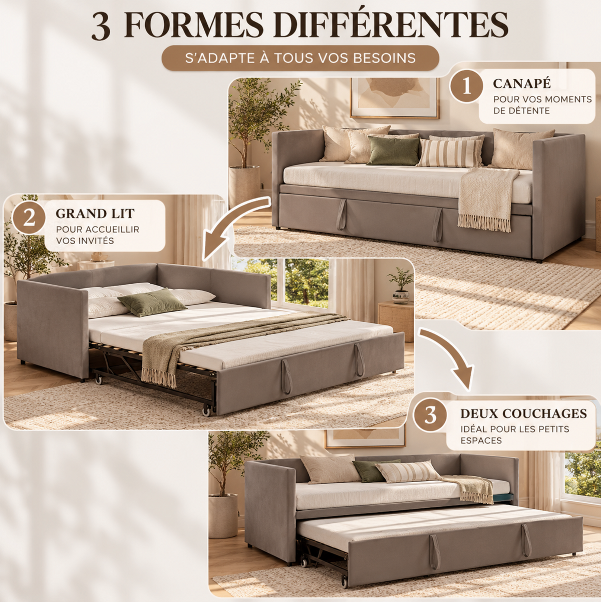 Cadre de lit gigogne en velours 90/180 × 200 cm - Dossier, accoudoirs et roulettes – vue 5