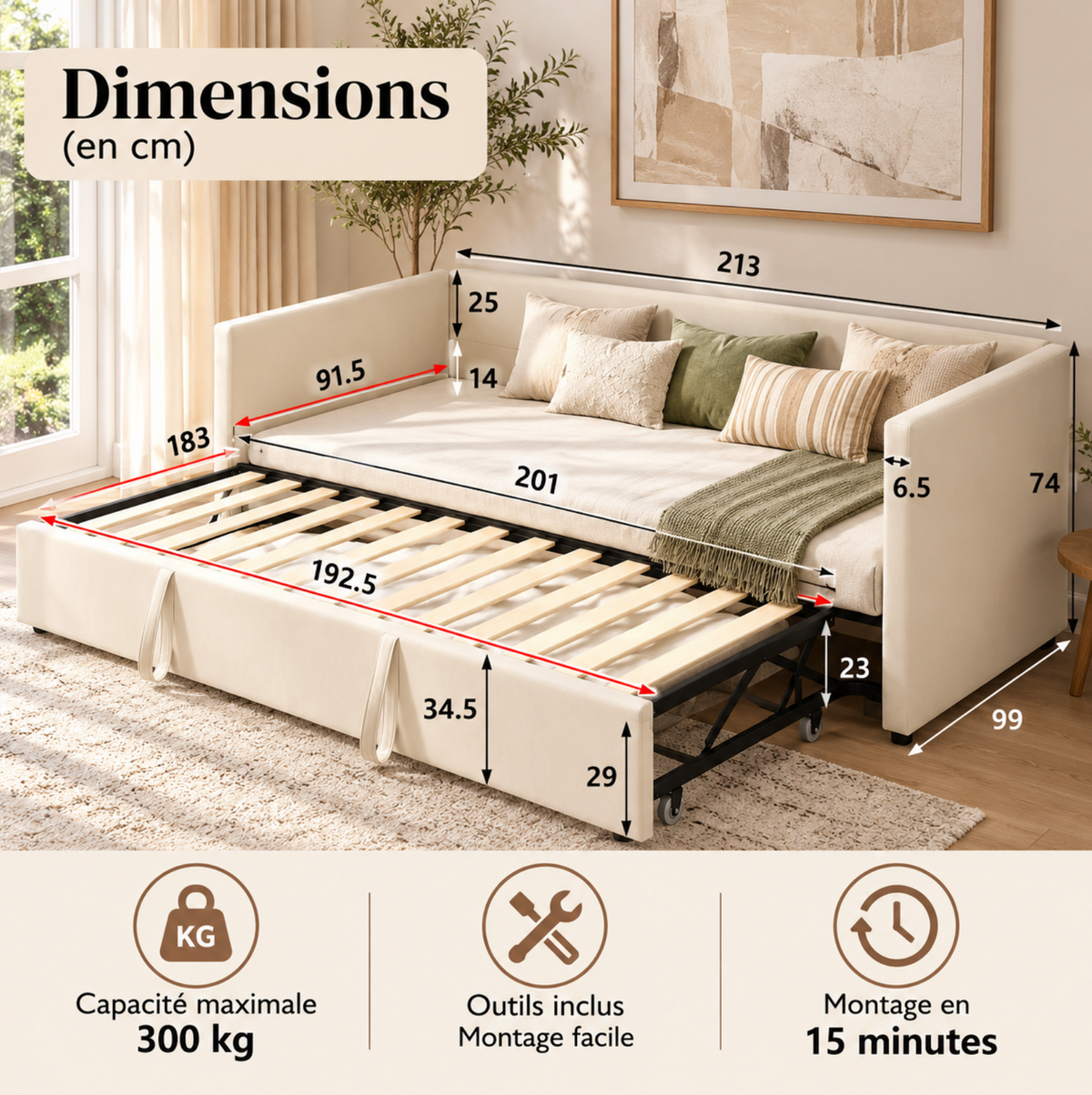 Cadre de lit gigogne en velours 90/180 × 200 cm - Dossier, accoudoirs et roulettes – vue 6
