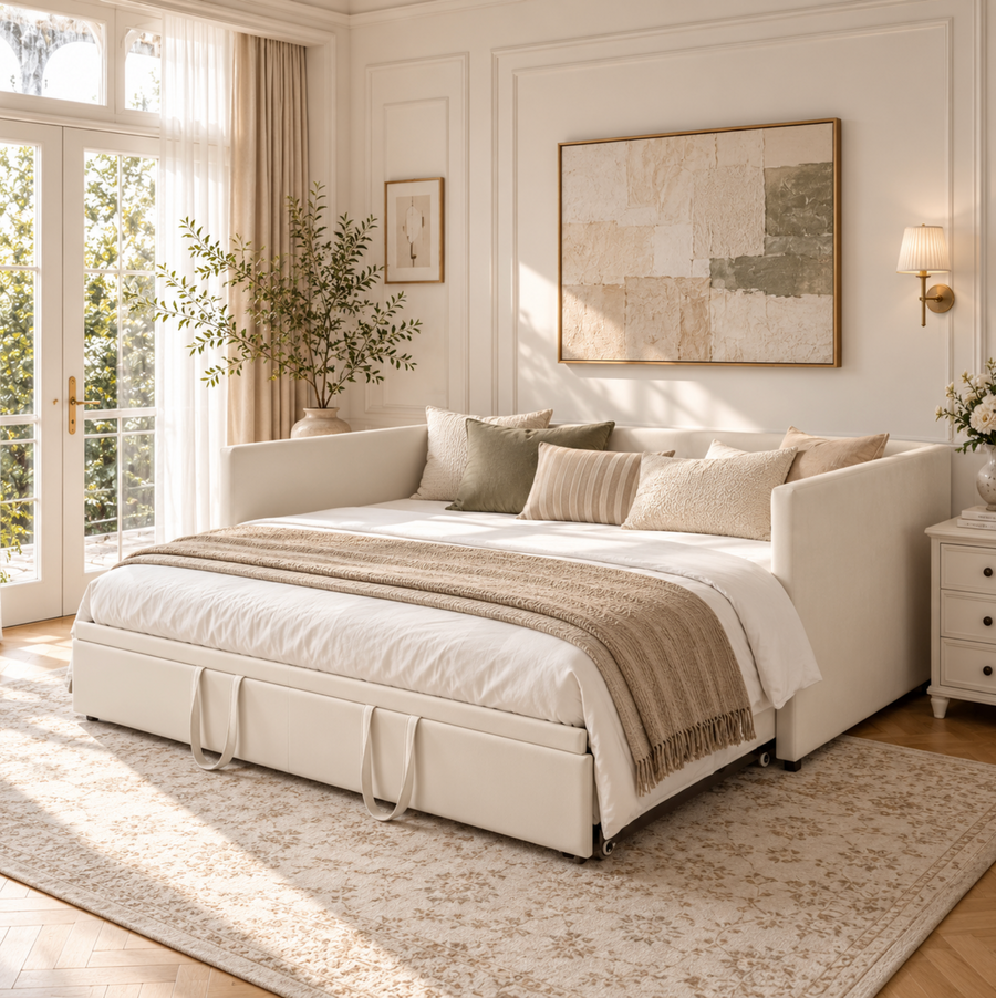 Cadre de lit gigogne en velours 90/180 × 200 cm - Dossier, accoudoirs et roulettes – vue 2