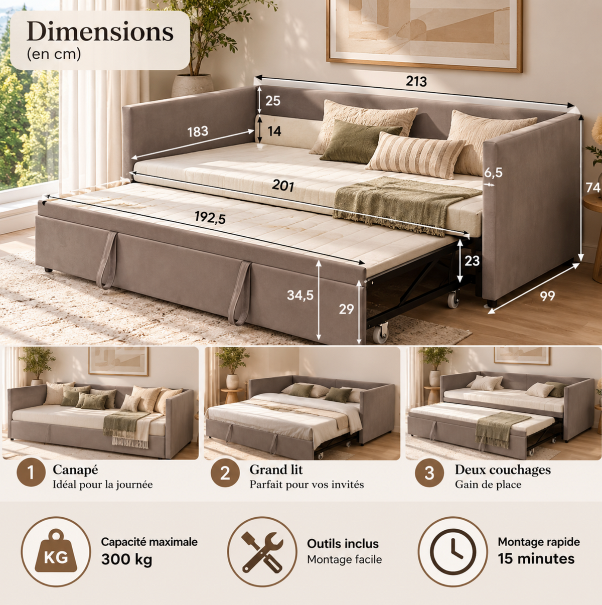 Cadre de lit gigogne en velours 90/180 × 200 cm - Dossier, accoudoirs et roulettes – vue 7