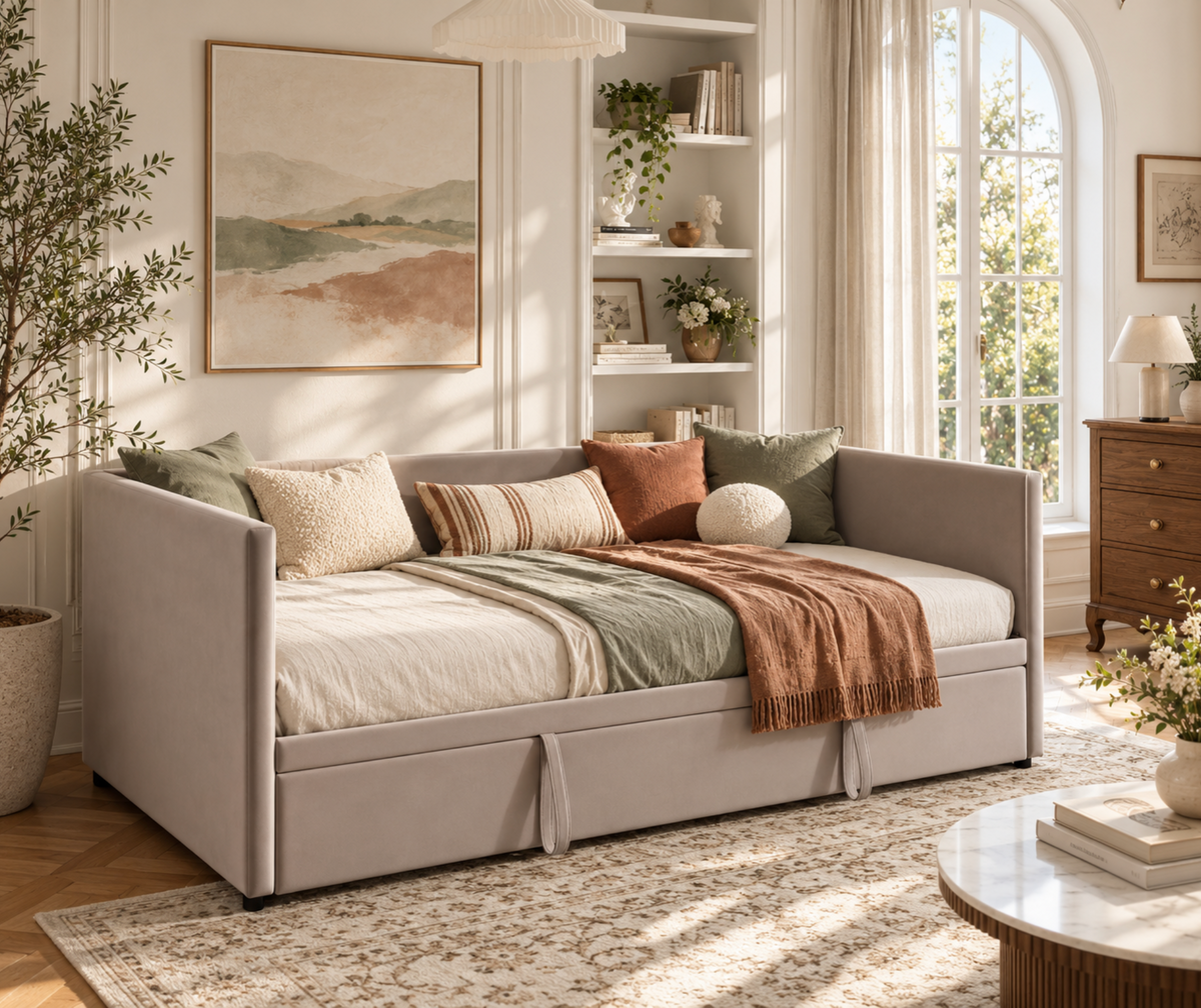 Cadre de lit gigogne en velours 90/180 × 200 cm - Dossier, accoudoirs et roulettes – vue 3