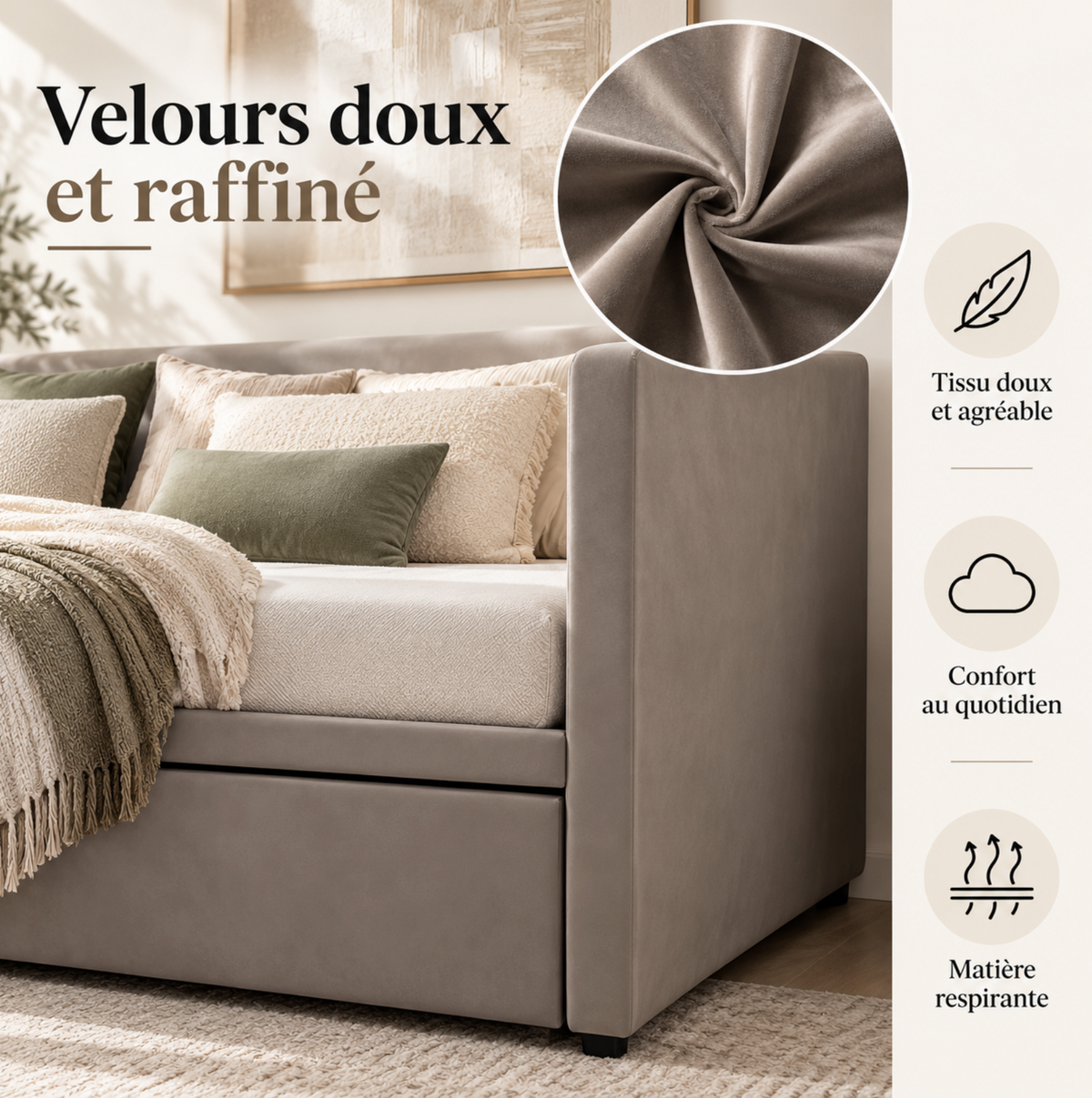 Cadre de lit gigogne en velours 90/180 × 200 cm - Dossier, accoudoirs et roulettes – vue 4