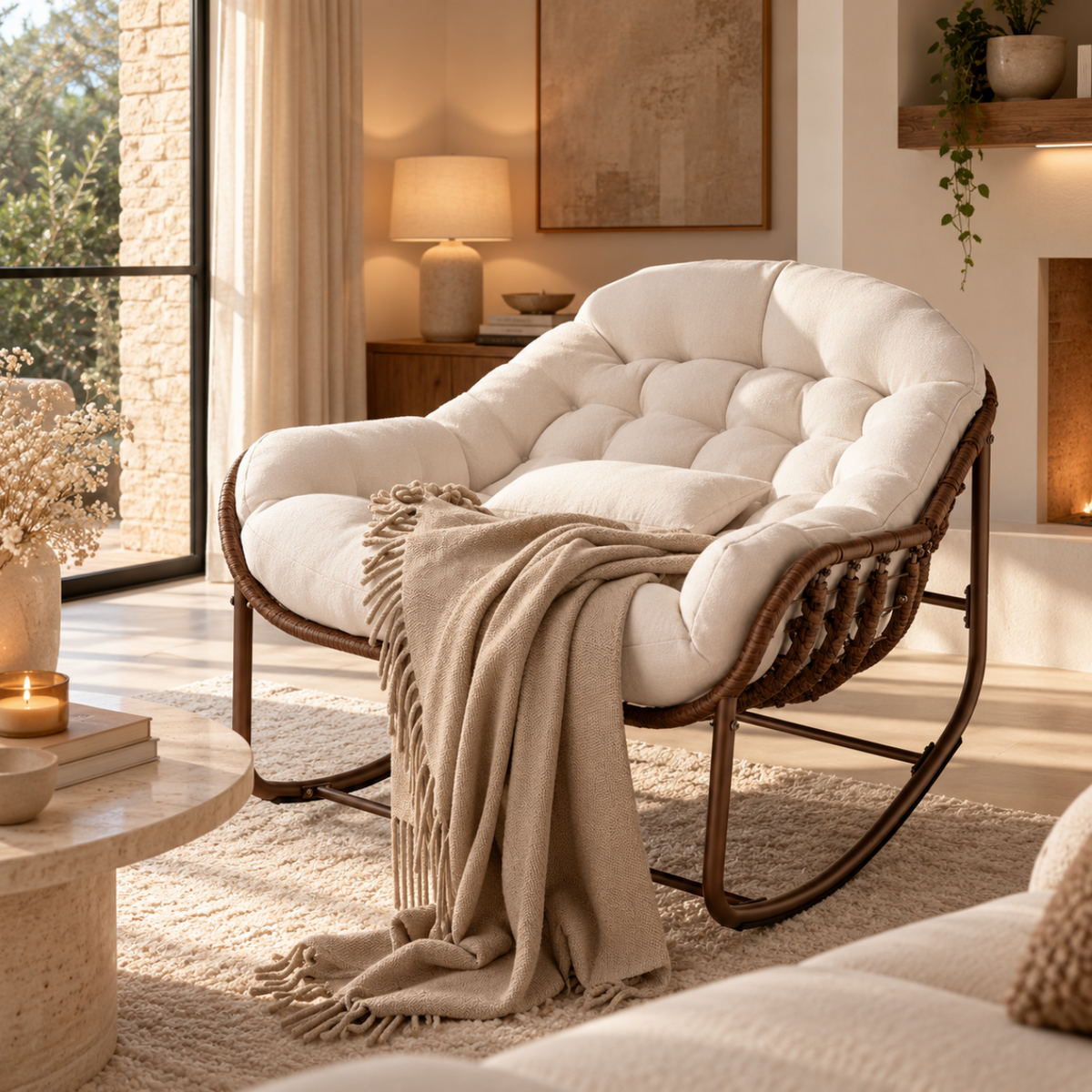 Fauteuil à Bascule en Rotin avec Coussin Épais – vue 2