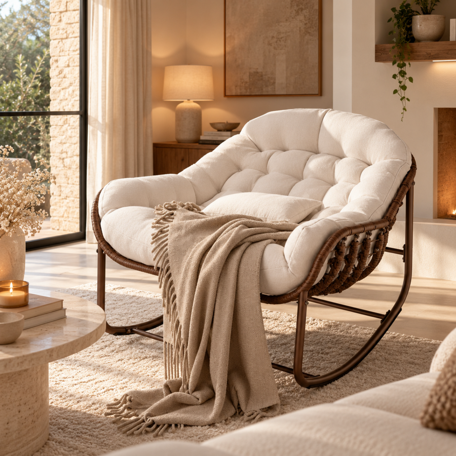 Fauteuil à Bascule en Rotin avec Coussin Épais – vue 2