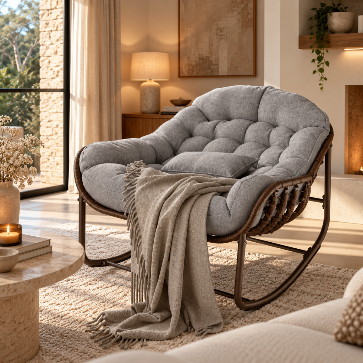 Fauteuil à Bascule en Rotin avec Coussin Épais – vue 3