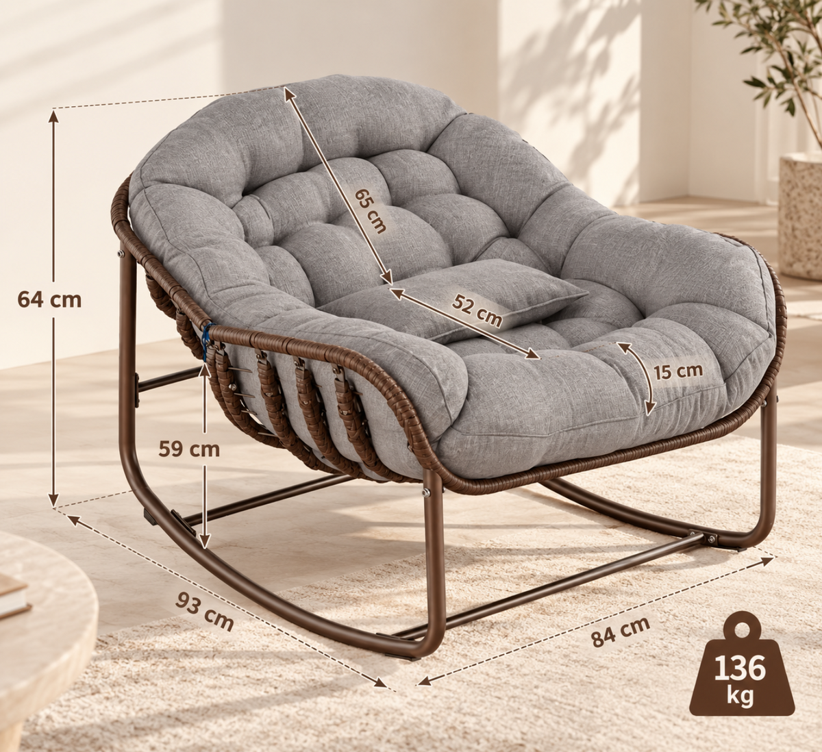 Fauteuil à Bascule en Rotin avec Coussin Épais – vue 4