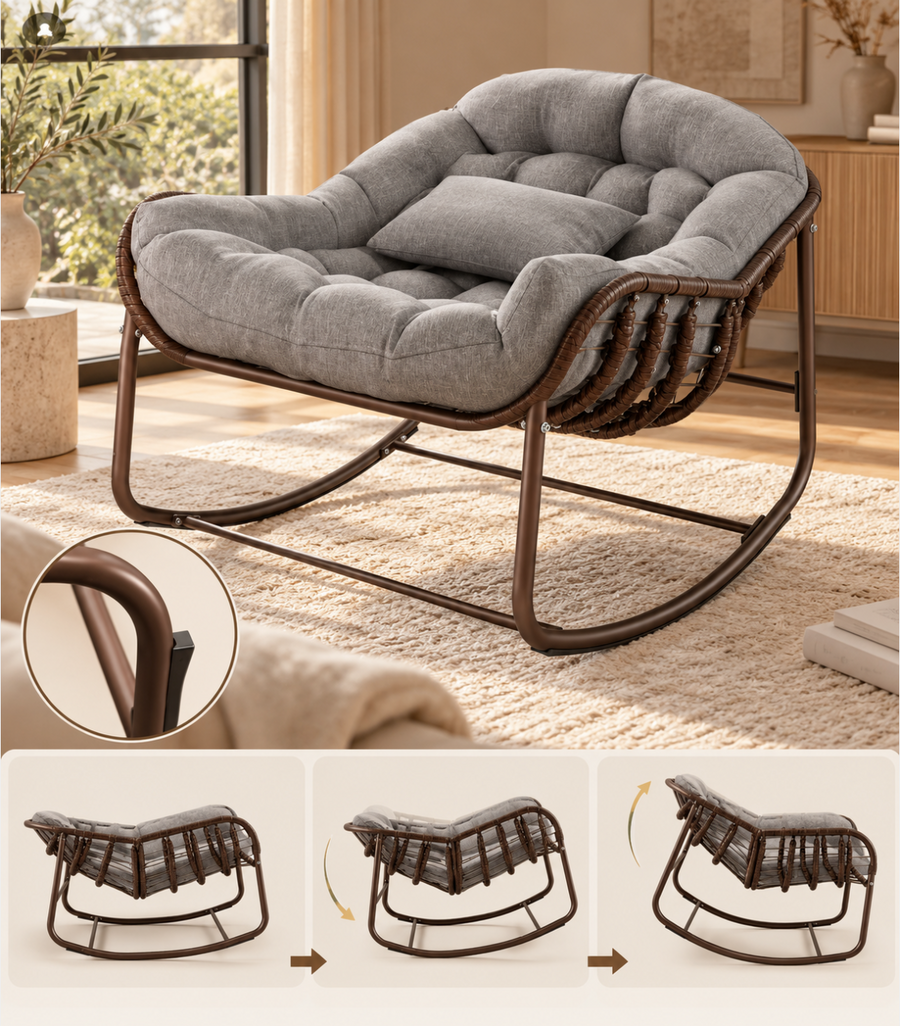 Fauteuil à Bascule en Rotin avec Coussin Épais