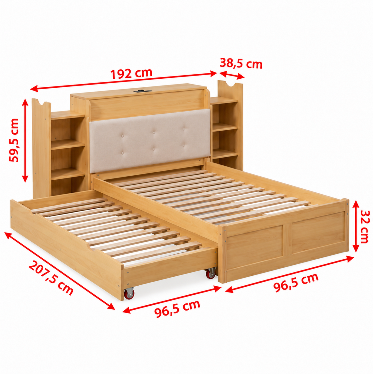 Cadre de lit gigogne 90 × 200 cm convertible en 180 × 200 cm - Tête de lit bibliothèque – vue 5
