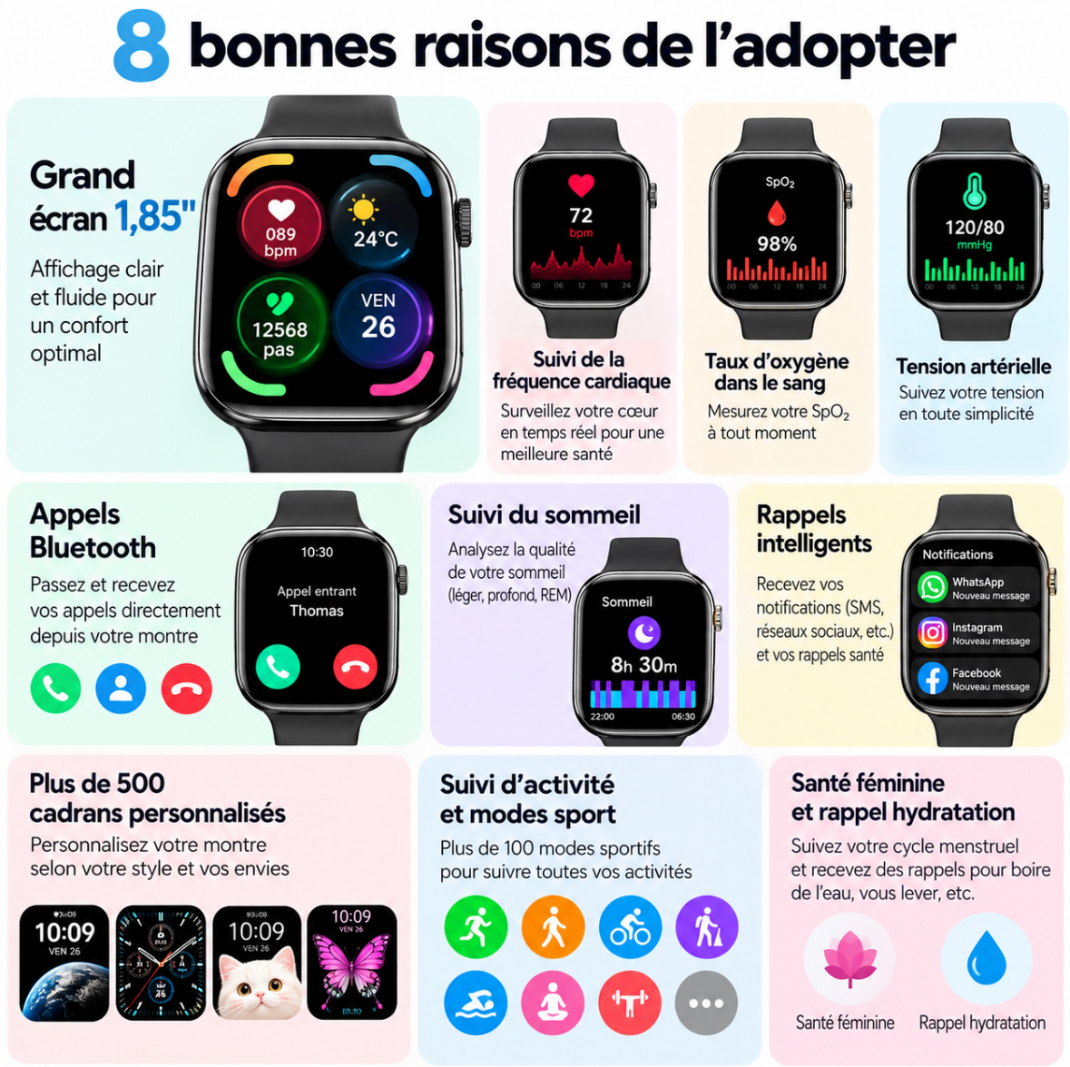 Montre connectée - Appels Bluetooth, suivi santé et sport – vue 3